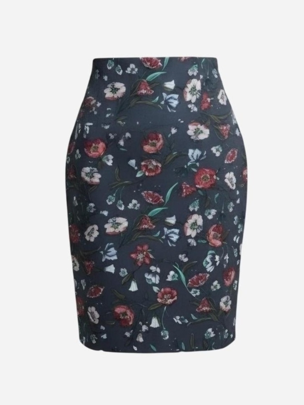 Floral Pencil Skirt — Navy with Red Bloom Print